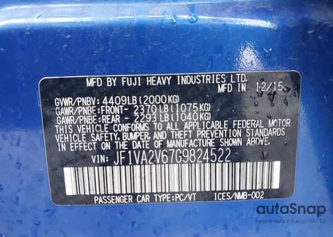 2016 Subaru Wrx Sti from USA, damaged, VIN JF1VA2V67G9824522